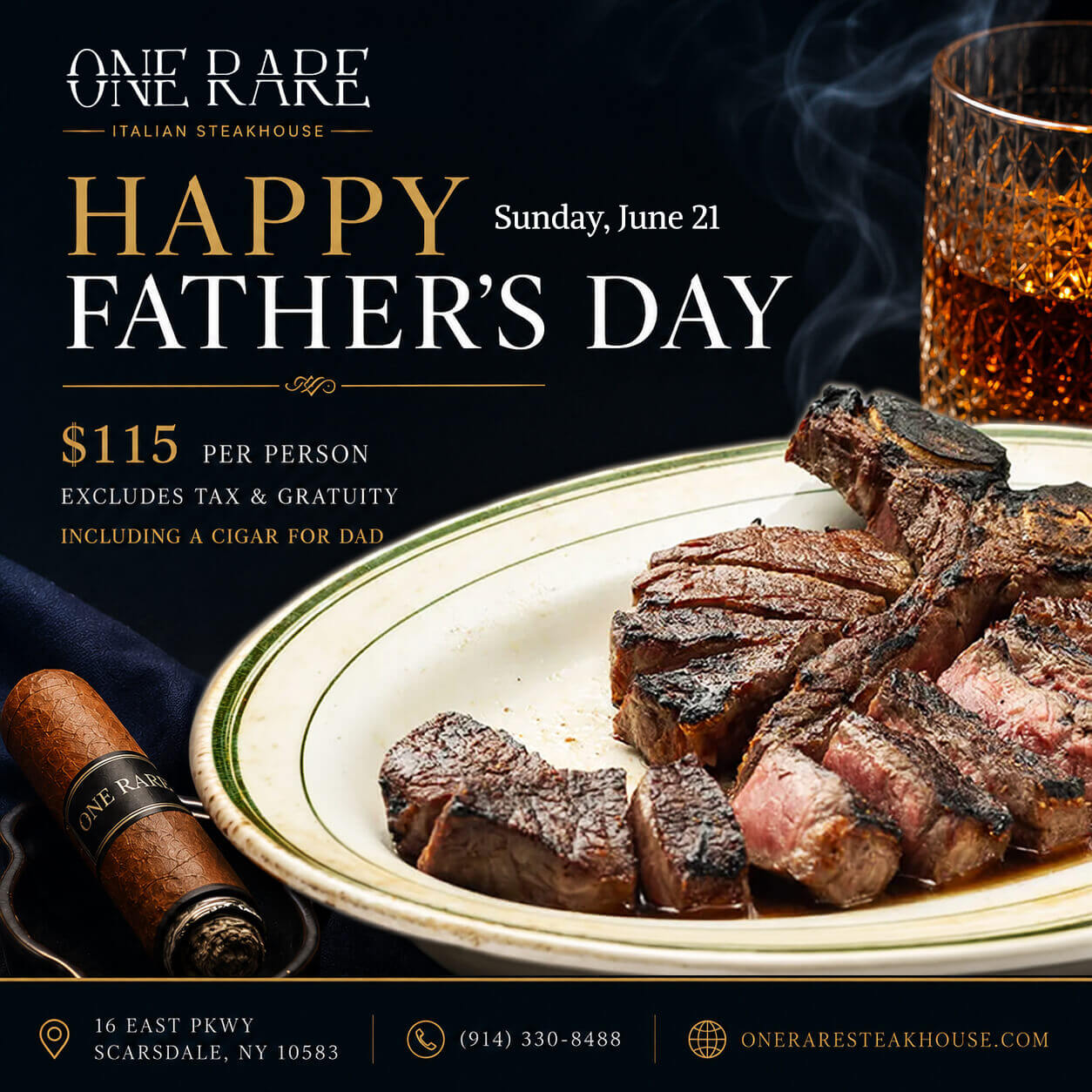 Father’s Day steakhouse promotion featuring a premium dry-aged steak platter, whiskey, cigar, and special prix fixe dinner offer for Dad on June 21.